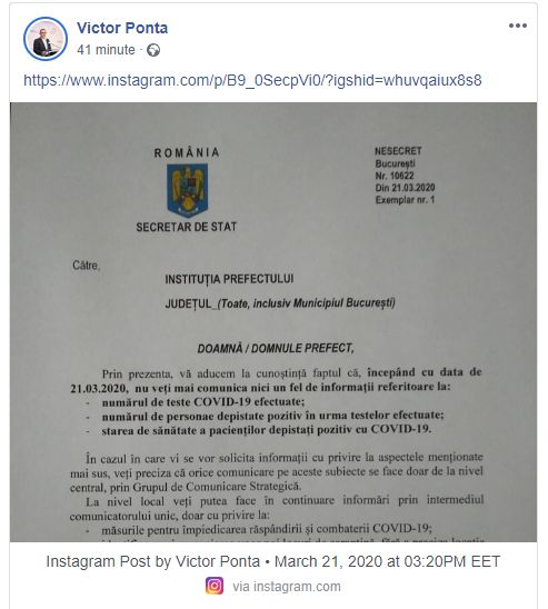 Document oficial făcut public de Victor Ponta